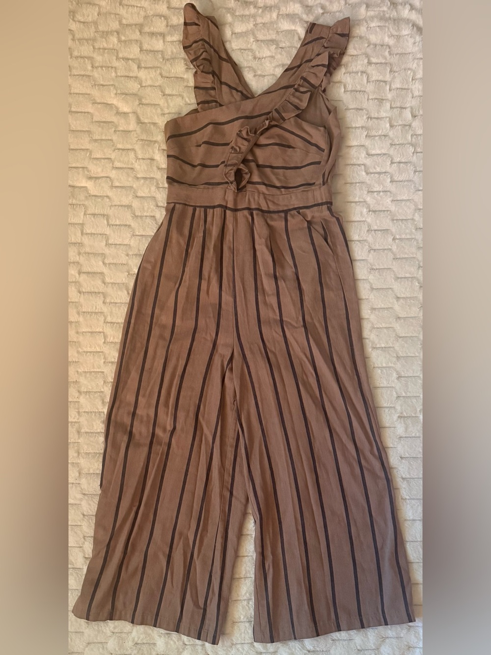 MOMNI Ruffle Strap Jumpsuit Brown Stripe Wide Leg Cotton Linen Size S - Picture 3 of 7